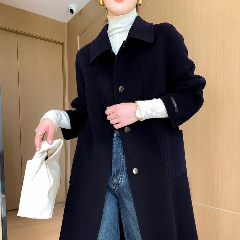 

Приталенное двустороннее шерстяное пальто для женщин - Большой размер, воротник Питер Пэн XXL (150-160 lbs)