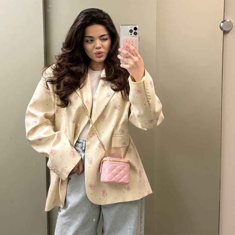 

Женский блейзер с принтом, лацканами, завязкой на талии, приталенный, для通勤, свободный, с длинными рукавами, куртка, новая мода 2025, весна/лето 2XL бежевый