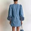 European and American Three-dimensional Rose Cuffs Bubble Sleeves Printed Imitation Denim Dress Design Sense Straight