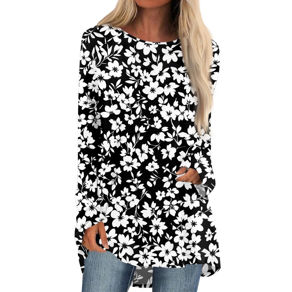 Women's Fashion Casual Long Sleeve Print Round Neck Pullover Top Blouse