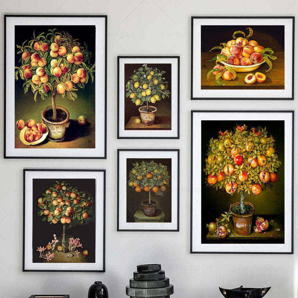 Vintage meyve ağacı natürmort tuval boyama şeftali nar elma limon portakal baskılar posterler duvar sanat resmi mutfak dekoru