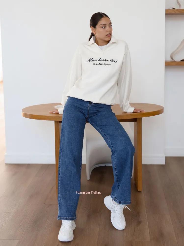 2025 European & American High-Waisted Straight Solid Color Women's Washed Jeans