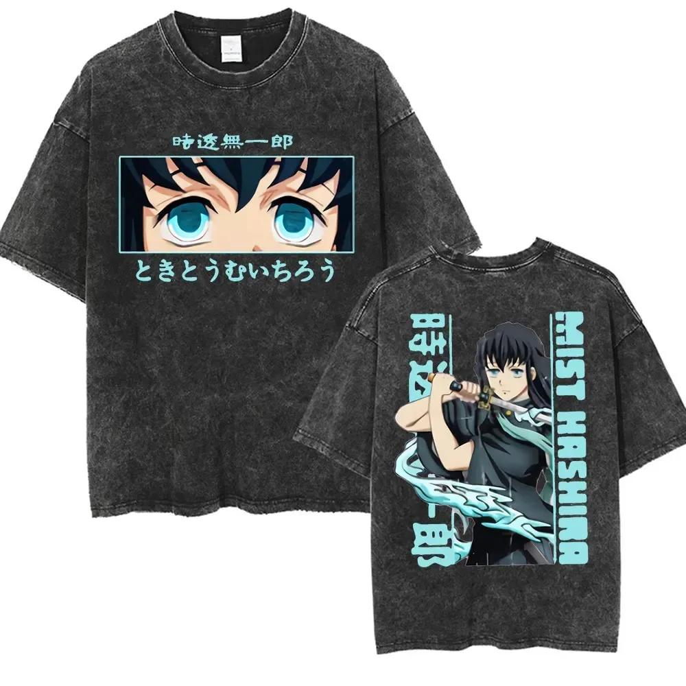 Hot Sale Demon Slayer Tokitou Muichirou Graphics Print T-shirt Men Women Vintage Washed Cotton Loose Casual Oversized Short Sleeve Streetwear Top