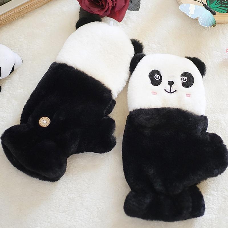 Winter Warme Handschuhe Flauschige Tier-Fäustlinge Plüsch-Panda Halbfingerhandschuhe mit Klappdeckel Warme Handschuhe für Kaltes Wetter