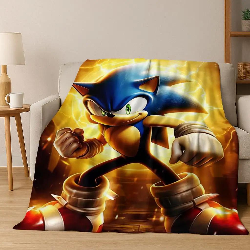 Classic S-Sonic Game Cartoon Hedgehog Flannel Blanket Soft Warm Throw Blanket for Bed Bedroom Room Living Room Travel Picnic Kid