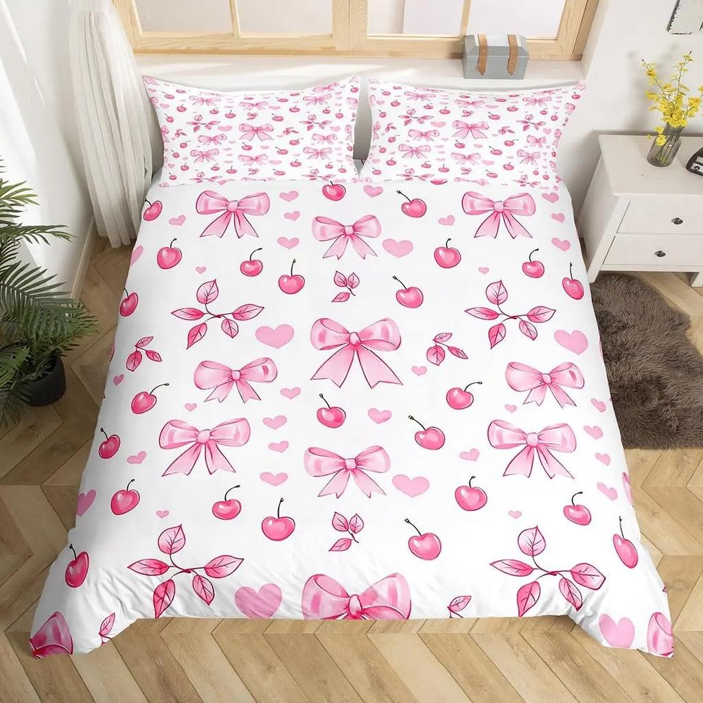 3D Bowknot Print Duvet Cover Set, Cute Bow Heart Pattern Bedding Set, Soft Microfiber Quilt Cover With Pillowcases