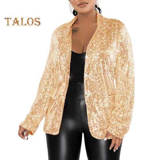 

Женский пиджак с лацканами, длинный рукав, однобортный пиджак с карманами-клапанами, блестящие пайетки, свободная верхняя одежда XL золотистый