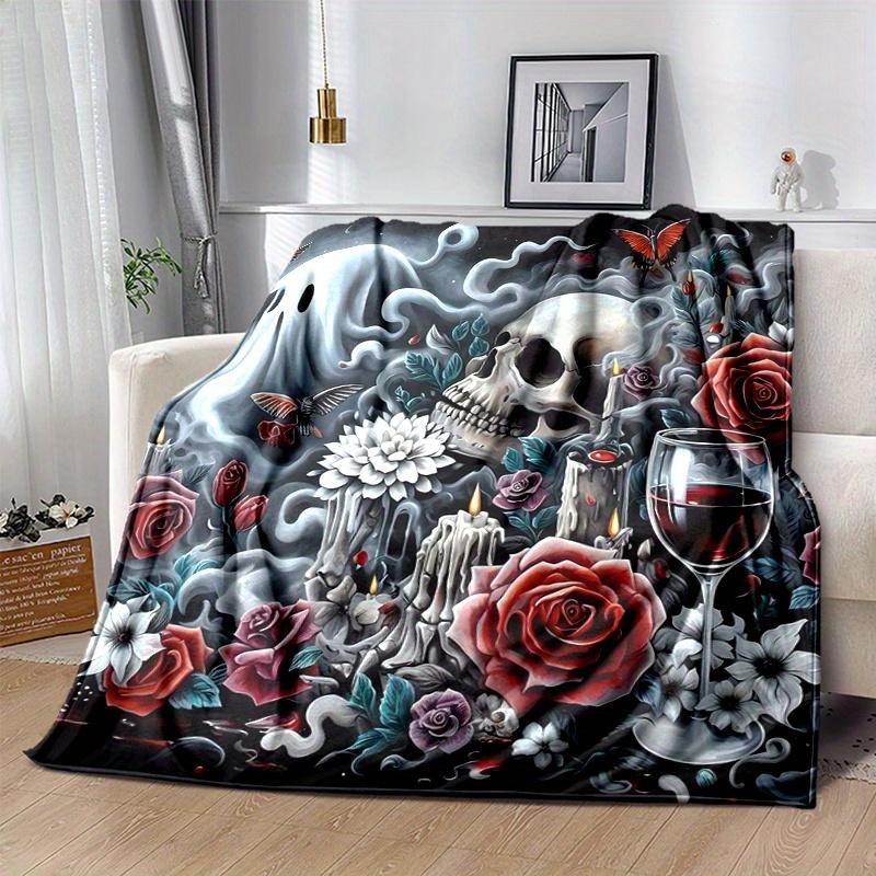1pc Skulls Roses Candles and Wine Blanket Soft, Warm Cozy Bedding Decor, Living Room, Travel, Camping, Car Blankets