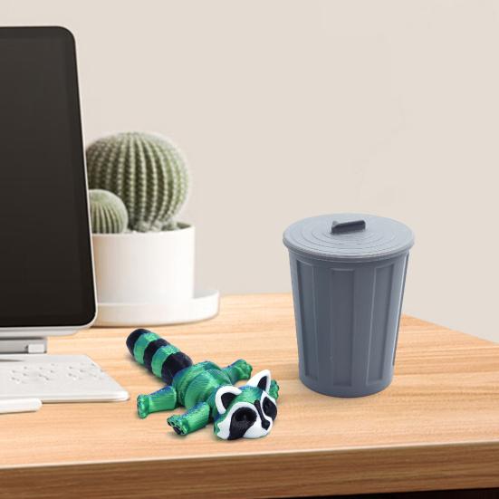 3D Printed Raccoon Figurine Movable Joints Raccoon Fidget Toy Trash Can with Articulated Raccoon Inside Desktop Decoration Ornament