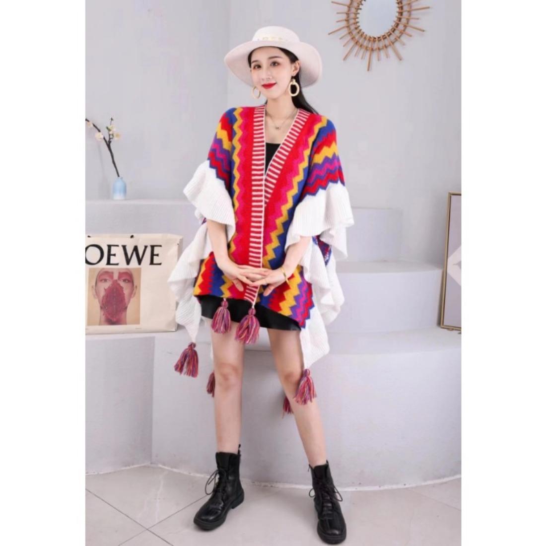 

Шаль Этнический стиль Вязаный кардиган Тибетский дорожный плащ Накидка Верхняя куртка One Size зелёный