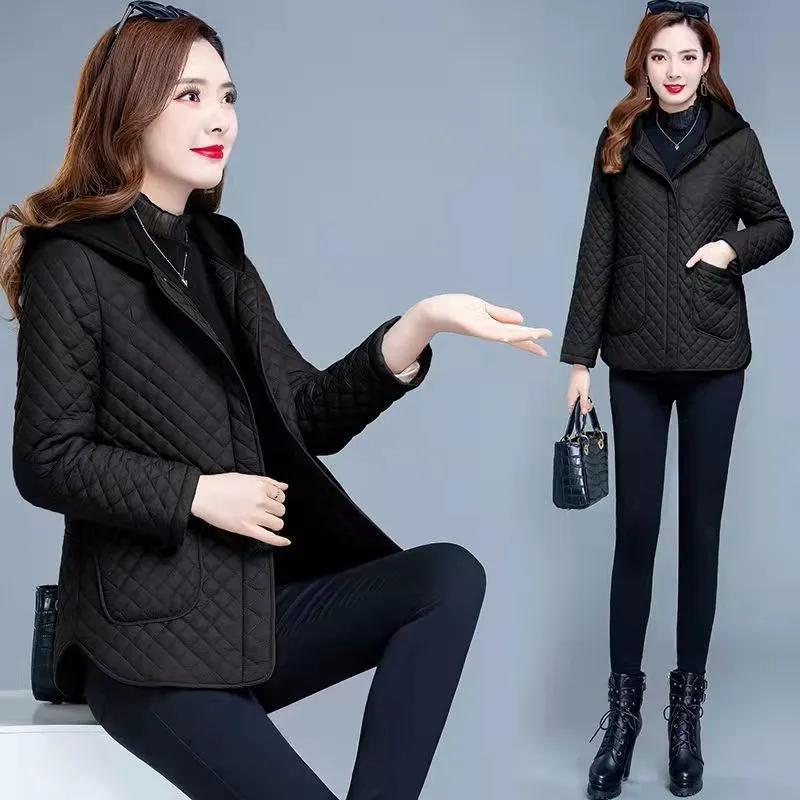 Rhombic Cotton Women's Autumn and Winter Fashion Age-reducing Middle-aged Mother's Hooded Loose Large Size Quilted Jacket