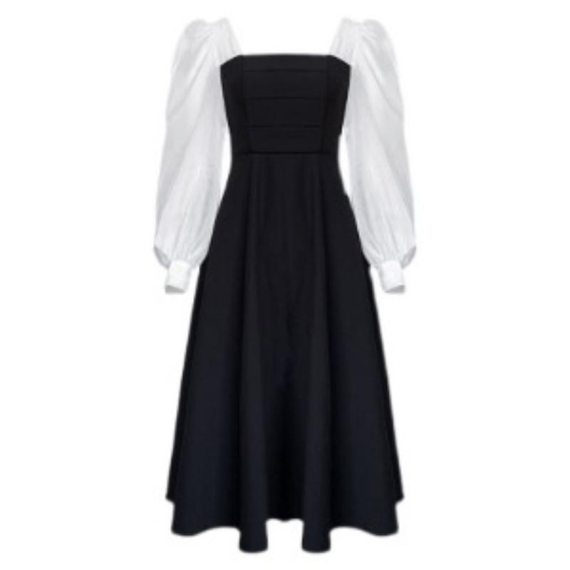 Vintage French-Inspired Black Midi Dresses for Spring & Autumn: Long Sleeved, Square Collared with Lace-Up Detail