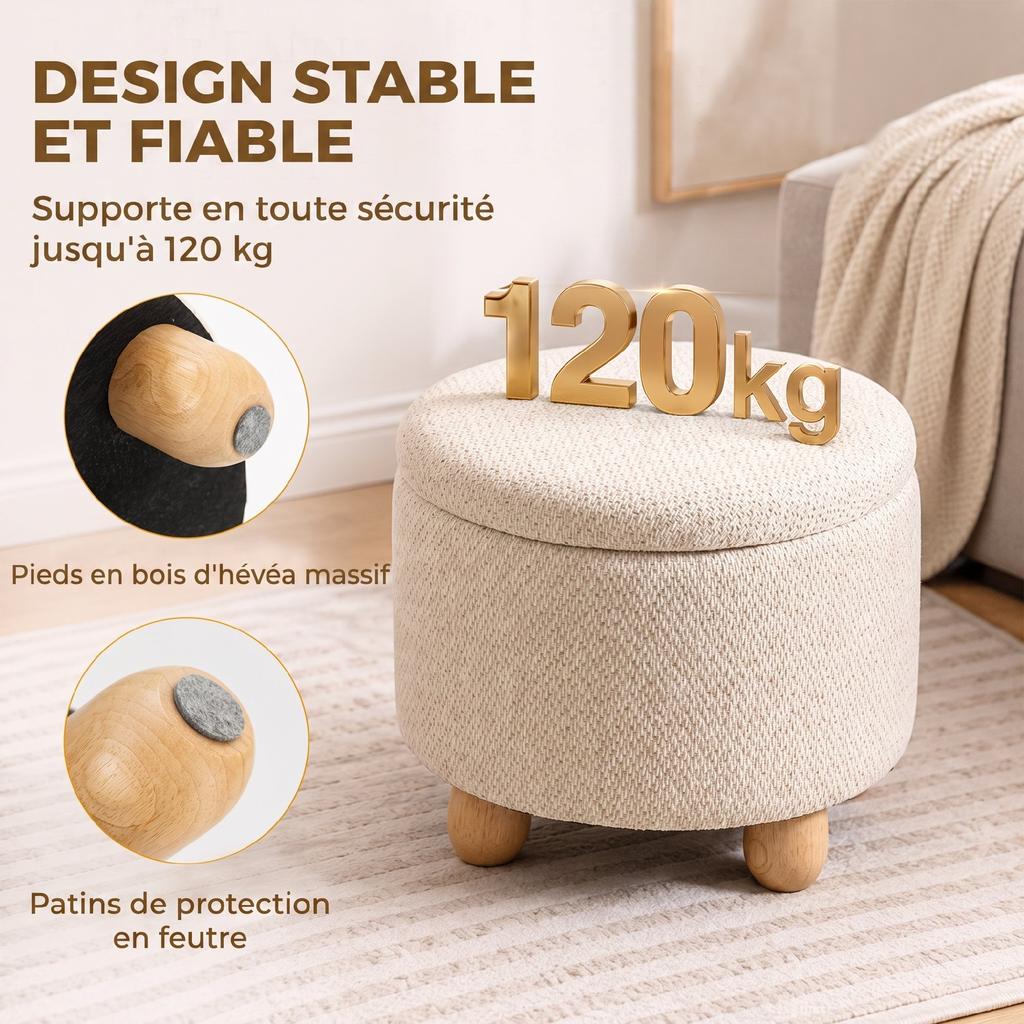 Round Jute Storage Ottoman, Footrest with Lid, Hevea Wood Legs, Beige