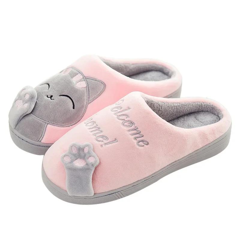 Women Winter Warm Slippers Cartoon Cat Shoes Furry Plush Slides Round Toe Flats Indoor Home Bedroom Floor Slippers Ladies Shoe