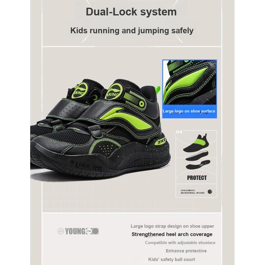 Li Ning Youth Pre Comfortable Non-Slip Shock Absorbing Durable Supportive Mid-Top Basketball Shoes Kids Basketball Shoes Black Green YKBT092-1