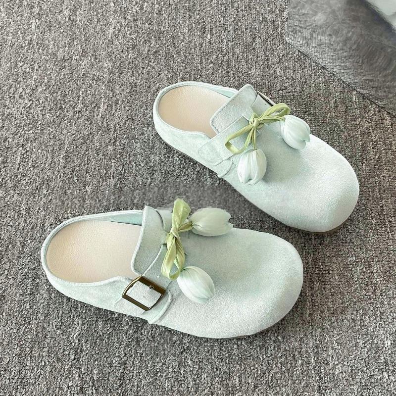 Fashion Women's Summer New Round Toe Deep Mouth Bow Flower Non-slip Wear-resistant Flats Platform Baotou Half Slippers