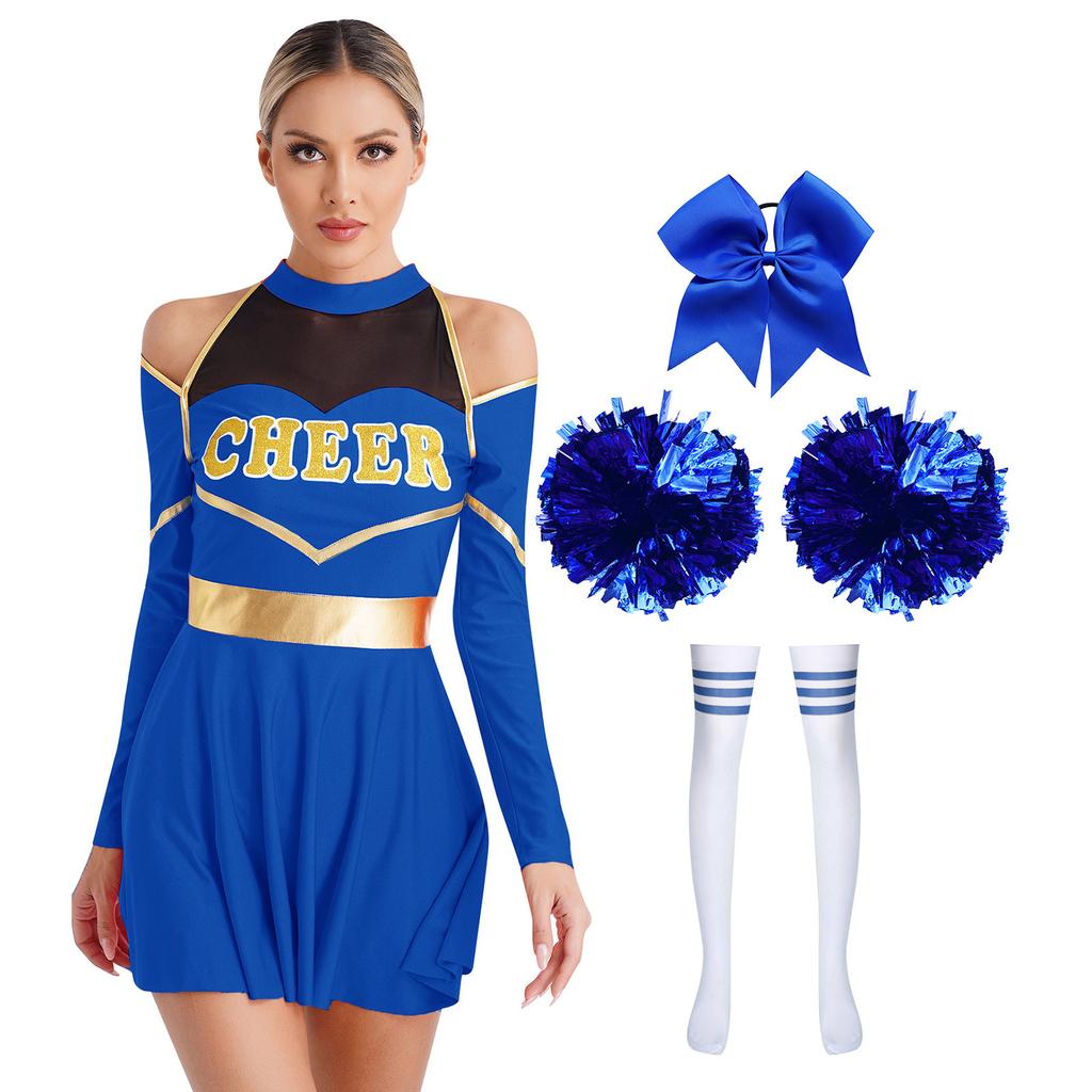 Complete Cheerleading Halloween & Performance Outfit for Women S-XXL: Cutout Dress with Accessories (Bow, Socks, Flowers)