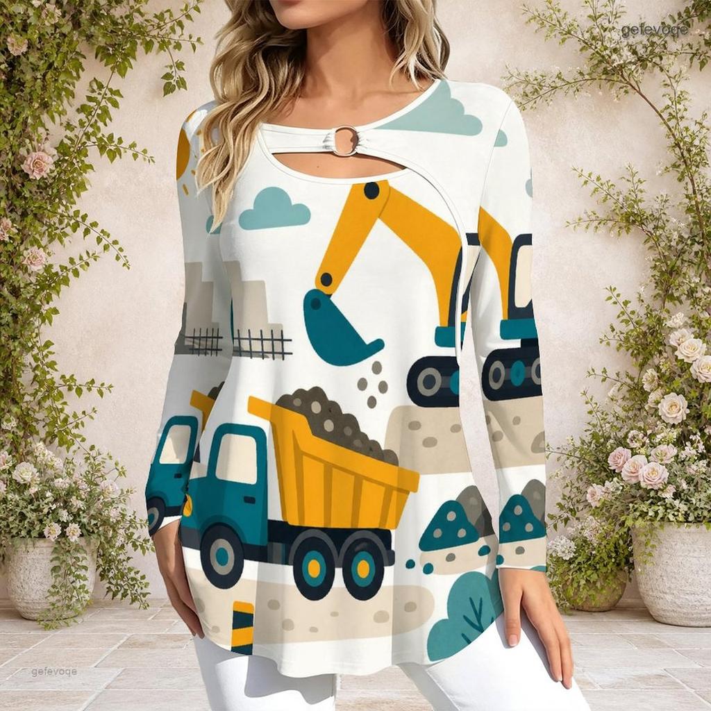 Women Plus Size Long Sleeve Loose Top Metal Ring Neck Detail For Casual Daily Wear