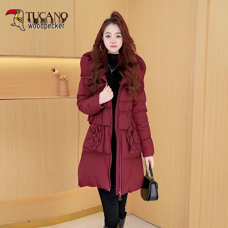 

Woodpecker Women s Mid-Length Hooded 90% White Duck Down Jacket 3XL