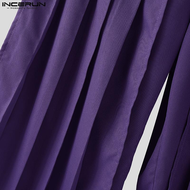 INCERUN Men Solid Color Zipper Waist Pleated Layers Casual Wide Legs Pants Trousers