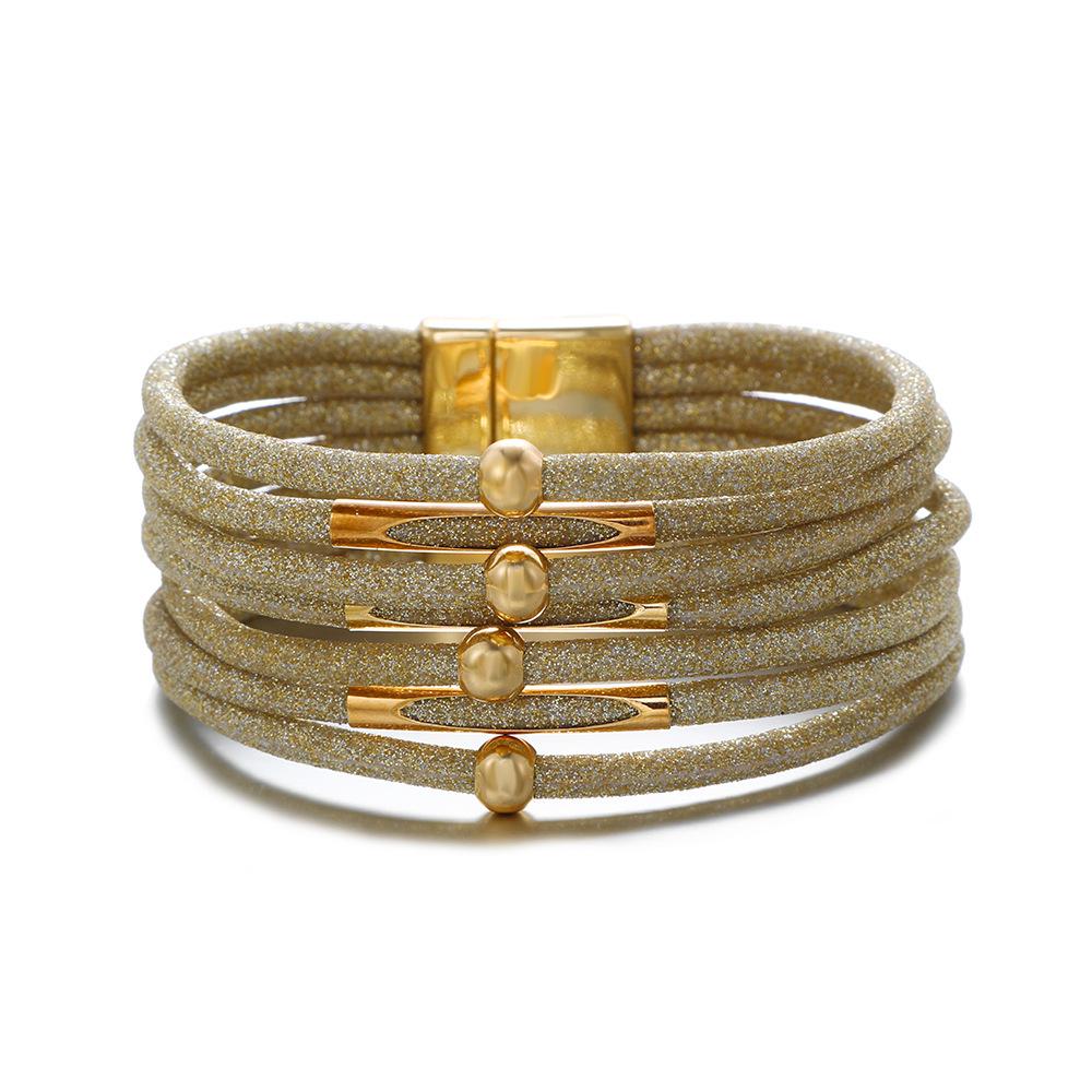 Leopard Print Magnetic Buckle Leather Bracelet: Alloy Beaded Cord with Copper Tube