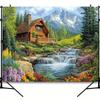 1pc Log Cabin Mountain Waterfall Polyester Background Fabric - Rock Stream  Pine Tree  Wildflower Design - Home decoration