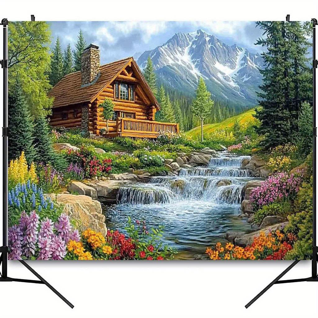 1pc Log Cabin Mountain Waterfall Polyester Background Fabric - Rock Stream Pine Tree Wildflower Design - Home decoration