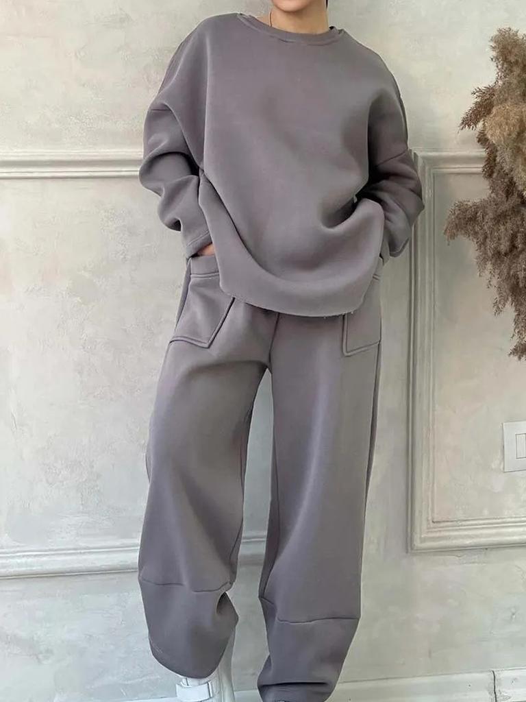New Women's Fall Winter Casual Loose Crew Neck Long Sleeve Sweatshirt Pants Set