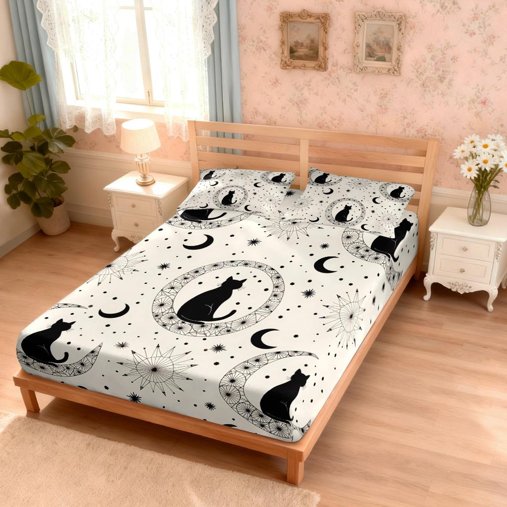 3pcs Cartoon Cute Cat Printed Chipless Bed Sheet Set Multi Size Soft Bed Cover Bedroom Bedding Decoration