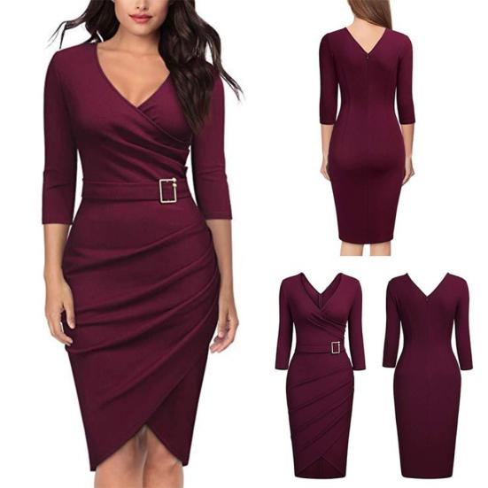 Solid Color Women V Neck 3/4 Sleeve High Waist Belted Irregular Pencil Dress