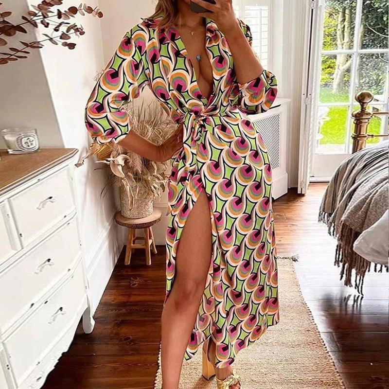 Spring and Autumn Women's Dress Fashion Printed Lantern Sleeve Tie Slit Lapel Dress Explosion Color Collision Medium Long Dresses