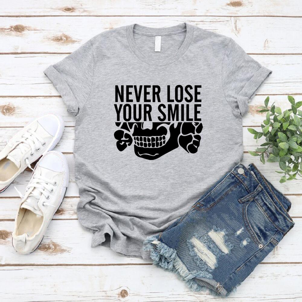 

Футболки Never Lose Your Smile Футболка с изображением черепа и надписью «Never Lose Your Smile» для мужчин и женщин с коротким рукавом и круглым вырезом, уличная футболка XXL серый