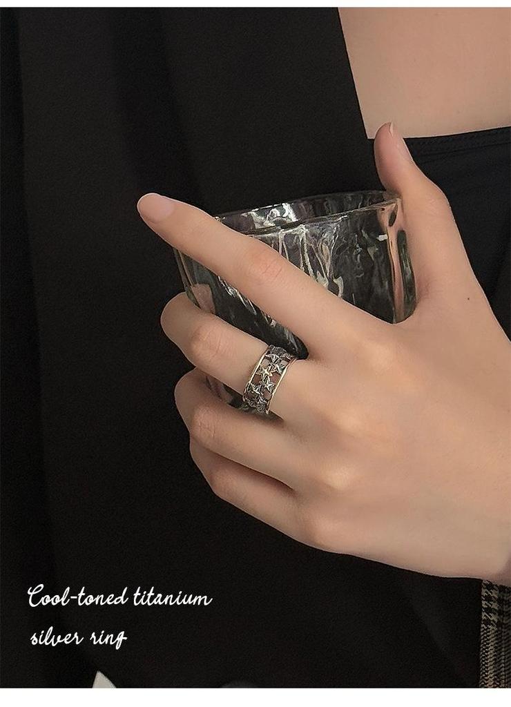 Women's 925 Silver Korean-Style Hollow Star Index Finger Ring - Fashionable Vintage European American Design