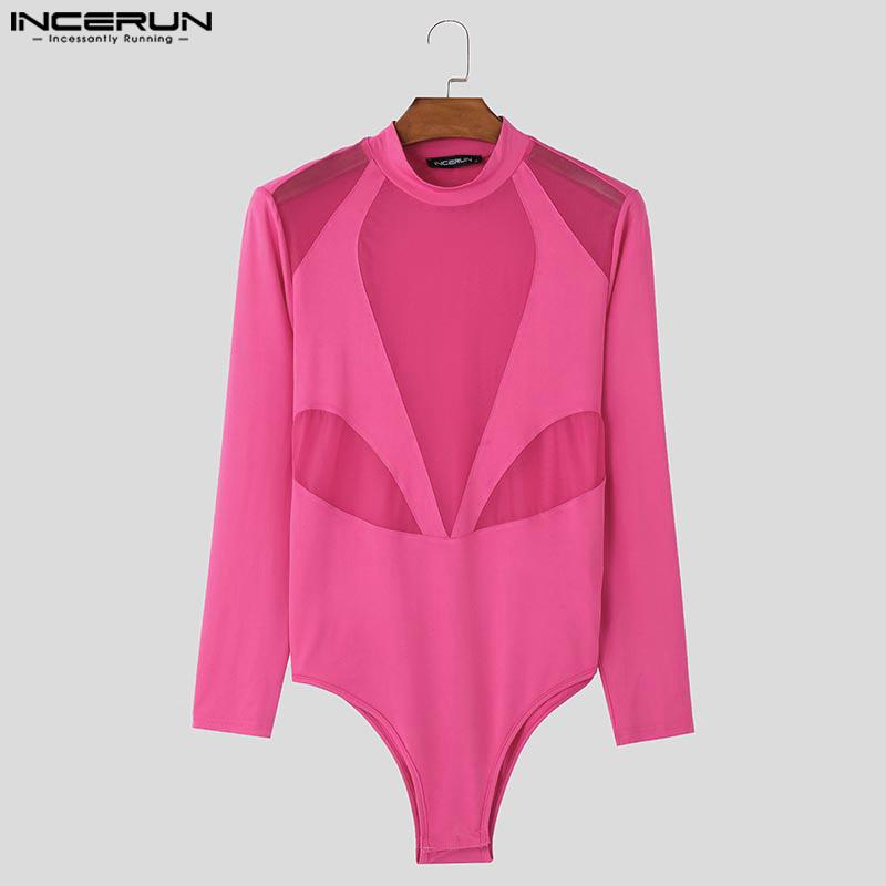 INCERUN Men Long Sleeve See Through Bodysuits Lace Mesh Patchwork Club Playsuits
