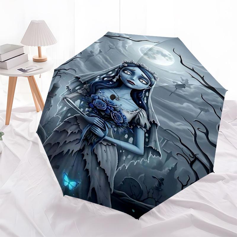 1pc ghostly bride moonlit cemeteryOpen/Close Umbrella-Windproof, Compact Travel Umbrella, Sturdy 8-Rib Shaft, Outdoor Accessory, 1091