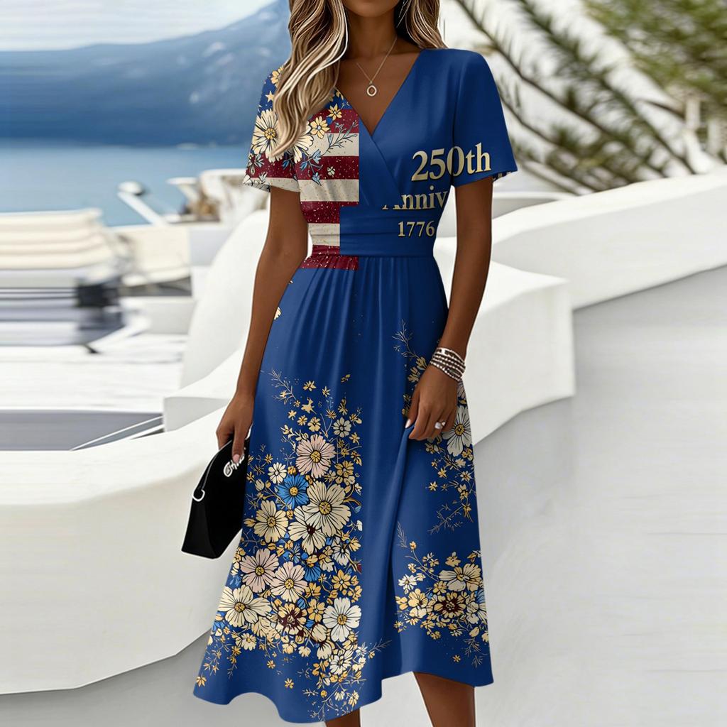 Damen Unabhängigkeitstag Print Lässiges Mode Kurzarm V-Ausschnitt Kleid