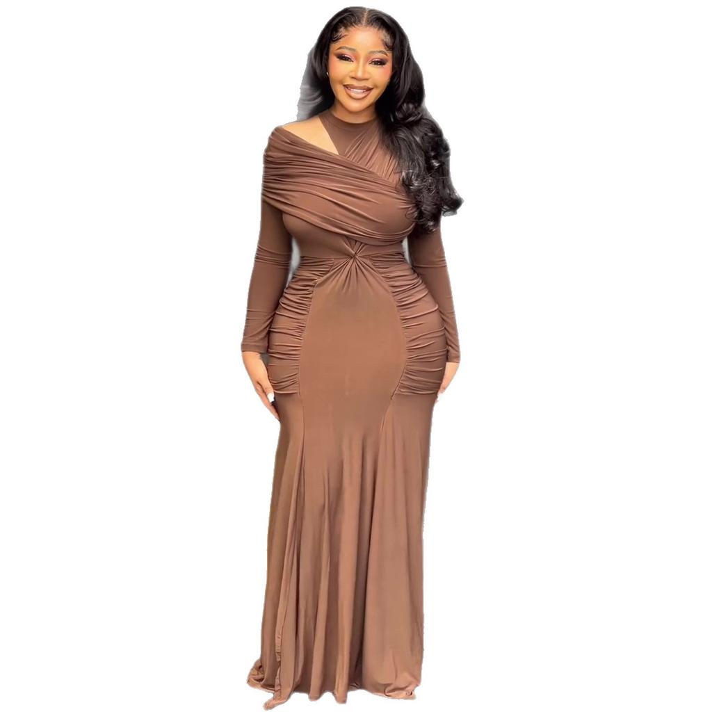 European and American Women's Clothing Summer New African Elegant Wind Asymmetrical Slanted Shoulder Pleated Hip-wrapped Dress Women