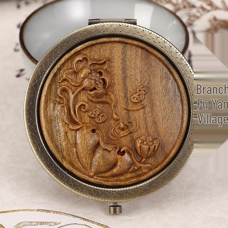 Portable Green Sandalwood Folding Vanity Mirror - Exquisite Round Design, 5 Styles Available