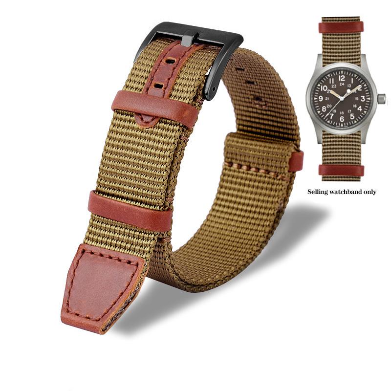 20mm 22mm Woven Nylon +Genuine Leather Strap for Hamilton Khaki Green Field Watch H69439931 441 Men Outdoor Sport Watchband