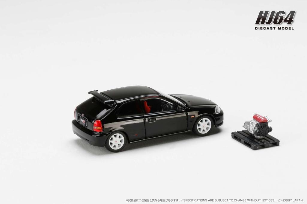 HobbyJAPAN Honda Civic Type R 1997 with Engine Display Starlight Black Pearl 1/64 (EK9) Model,