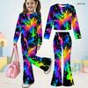 Girls Star Printed Round Neck Long Sleeve Top And Flared Pants Two Piece Outfit