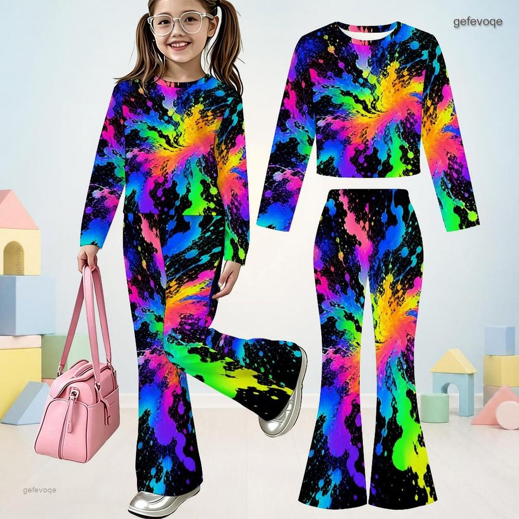 Girls Star Printed Round Neck Long Sleeve Top And Flared Pants Two Piece Outfit