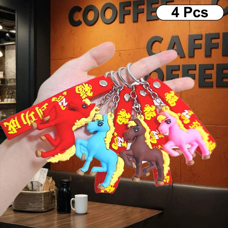 2/4Pcs Creative Cute Cartoon Horse Pendant Keychain Zodiac Horse Year Lucky Charms Fashion Backpack Decor Accessories Gifts