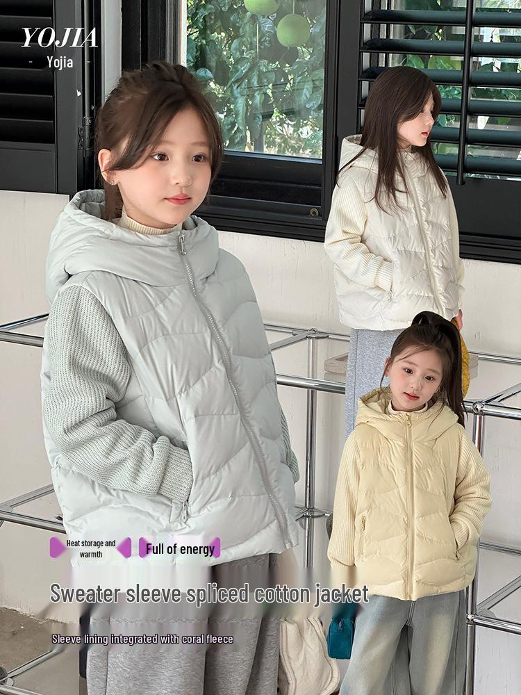 YOJIA Mädchen Winterjacke mit Baumwollpolsterung, Neuer Stil 2025 mit Stilvollem Patchwork, für Grundschüler.