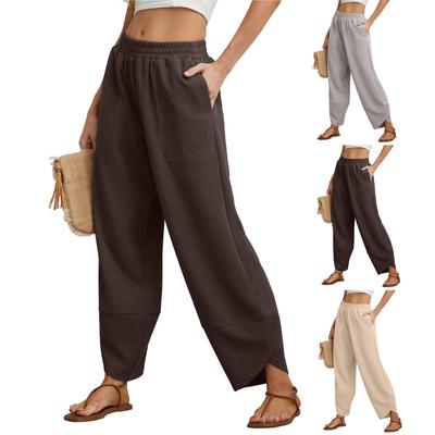 Women  Elastic High Waist Pant Casual Active  Fit Wide Leg Long Pants Trousers With Pockets