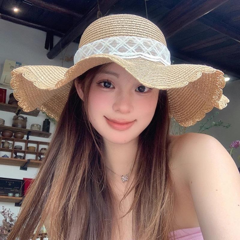 Summer sun protection sun hat straw hat women's seaside lace bow sun hat big brim showing face small straw hat