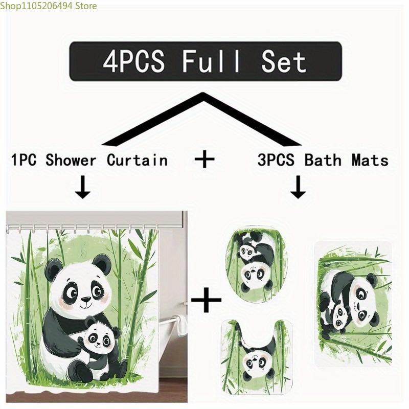 1/3/4pcs Bamboo Panda Shower Curtain Set - Cute Panda & Bamboo Design, Includes, U-Pad, Lid Cover, 12 Hooks, 180x180cm, Polyes