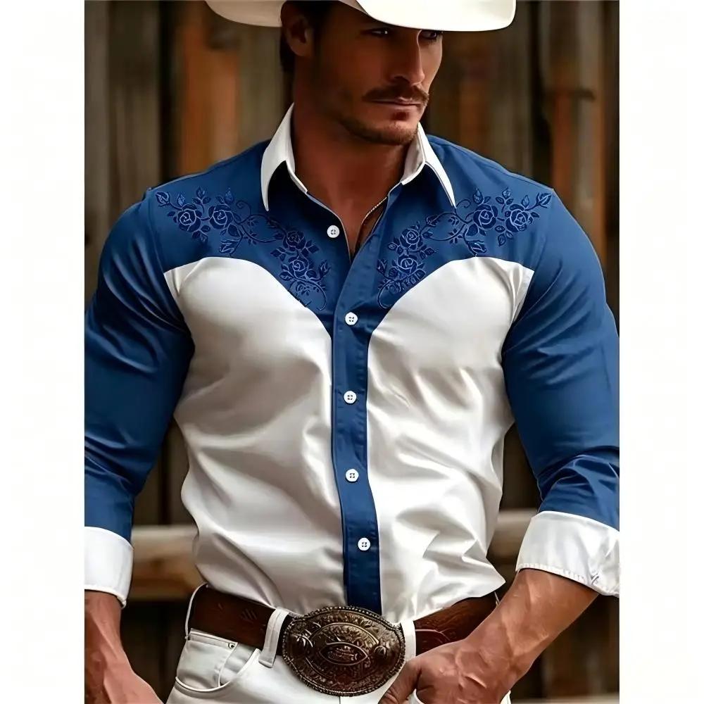 Western Floral Embroidered Men's Long Sleeve Cowboy Shirt