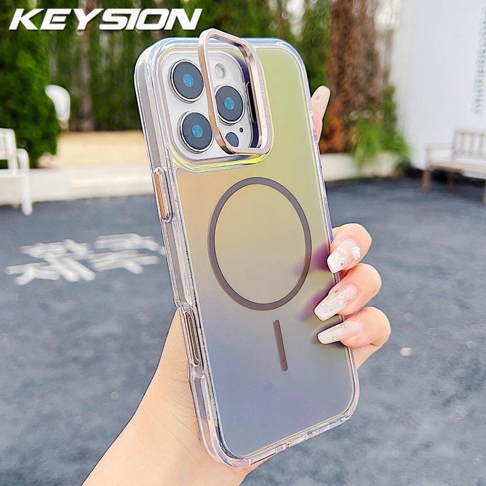 KEYSION Colorful Gradient Magnetic Lens Stand Case for iPhone 11 12 13 Pro Max for MagSafe TPU+PC Shockproof Back Cover