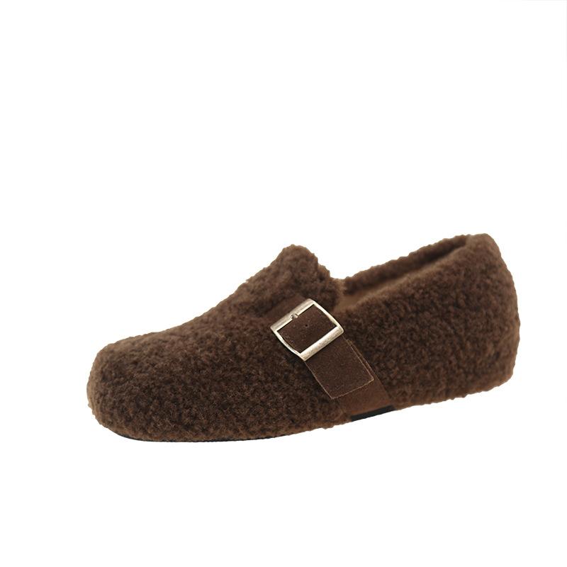Pedal wool cotton shoes for women to wear in the autumn and winter of 2025, new flat-bottomed imitation lamb wool warm one-word Doudou shoes